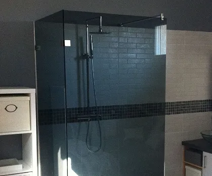 Salle de bain avec grande douche vitrée foncée